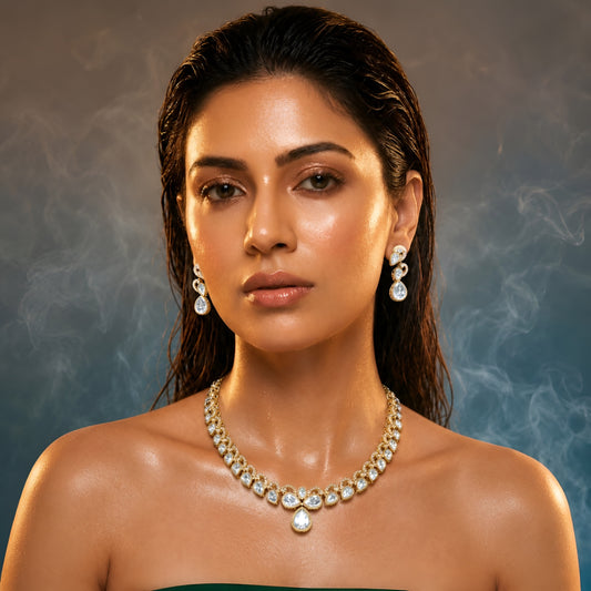 Elegant Gold-Plated Kundan Teardrop Necklace Set with Dangle Earrings for Women