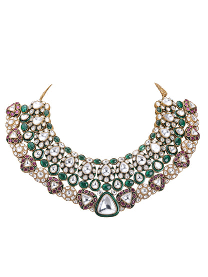 Gold Finish Green Kundan Polki & Beaded Necklace Set