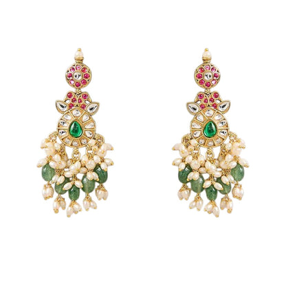 Pink Green Kundan Necklace Set with Statement Earrings