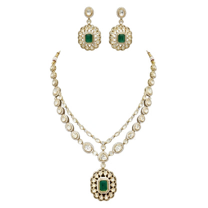 Double layer kundan necklace set with emerald-green pendant and matching kundan drop earrings