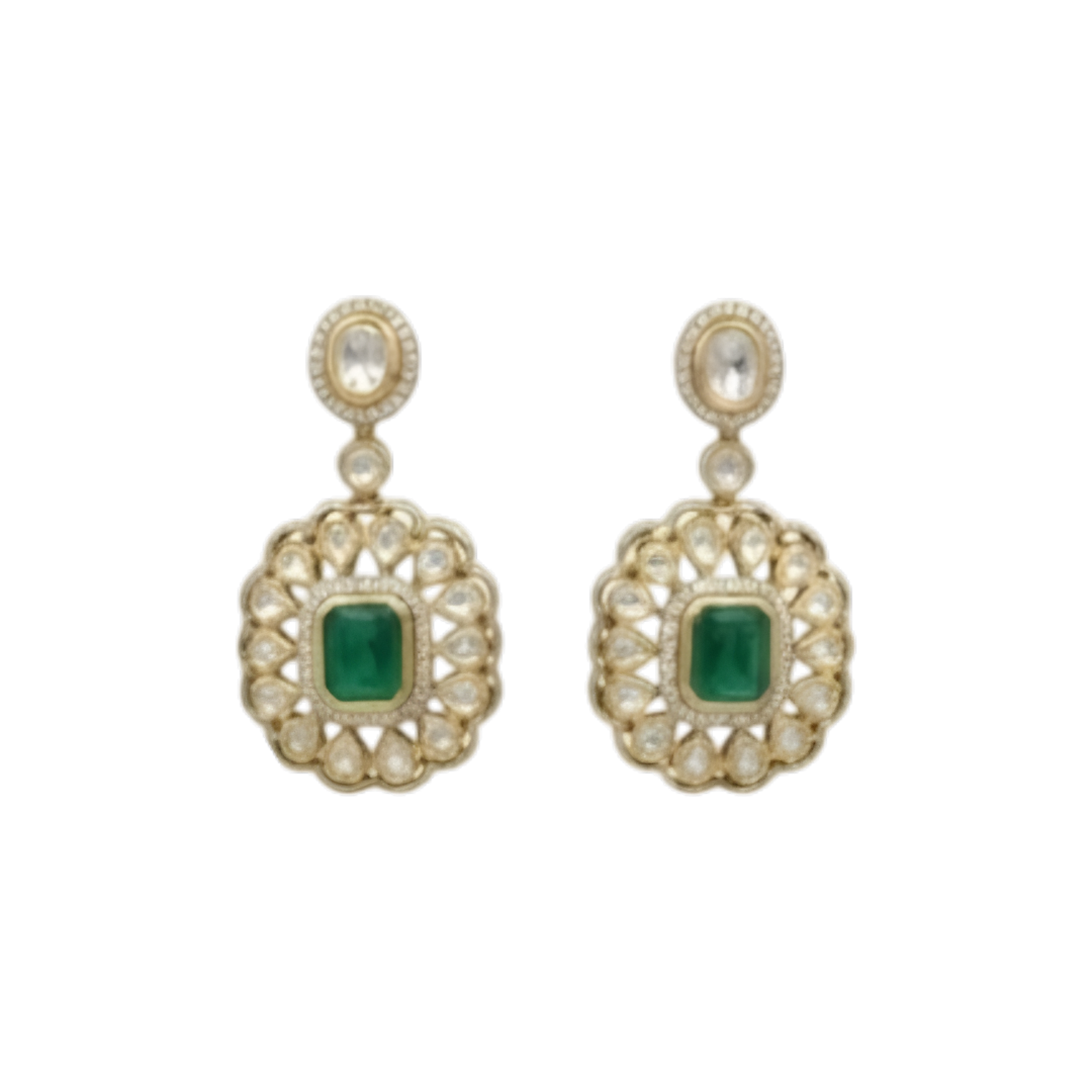 Double layer kundan necklace set with emerald-green pendant and matching kundan drop earrings
