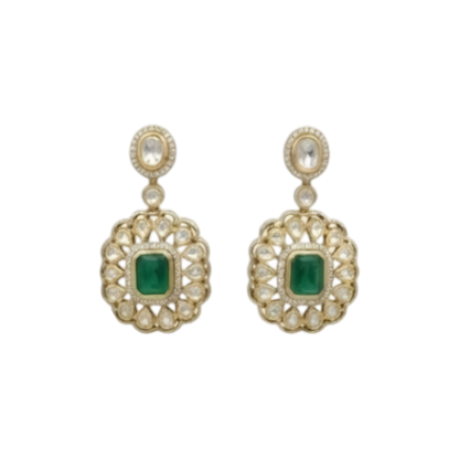 Double layer kundan necklace set with emerald-green pendant and matching kundan drop earrings