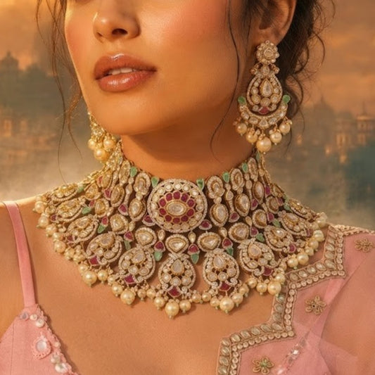 Antique Gold Kundan Polki Choker Necklace Set with Ruby, Emerald & Pearl Drops – Bridal Statement Jewellery with Chandbali Earrings