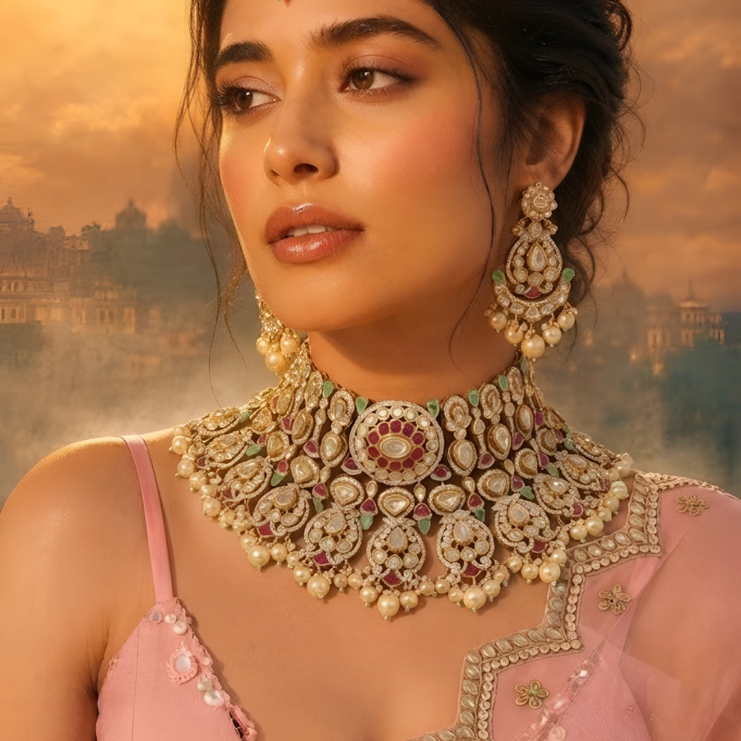 "Antique gold kundan polki bridal choker necklace set with ruby, emerald and pearl drops, paired with matching chandbali earrings"