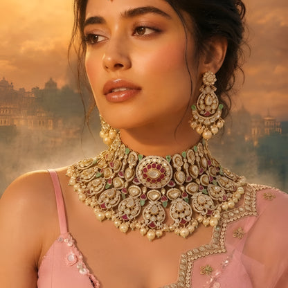 "Antique gold kundan polki bridal choker necklace set with ruby, emerald and pearl drops, paired with matching chandbali earrings"