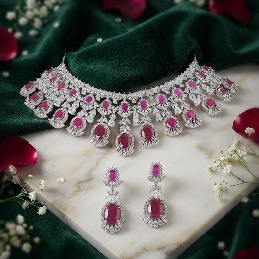 "Ruby red statement necklace and earrings set with white American diamond stones, silver-toned bridal jewelry set"