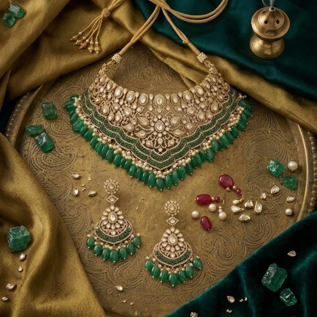Emerald Green Kundan Bridal Choker Set with Earrings