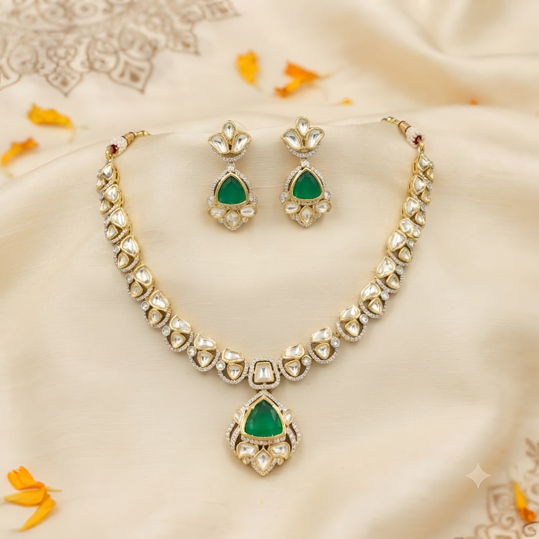 Green Kundan Pendant Necklace Set with Earrings