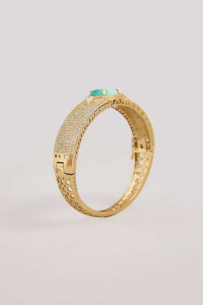 Mint green stone AD studded gold tone designer kada with sparkling white stones