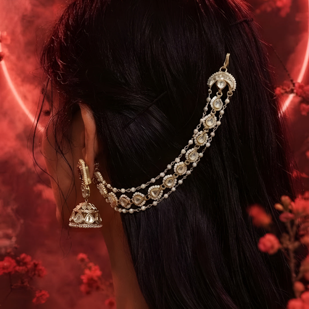 Kundan Pearl Hair Chain with Moon Clasp