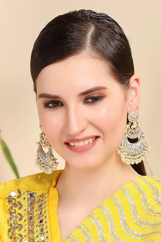 Grey Meenakari Kundan Chandbali Earrings