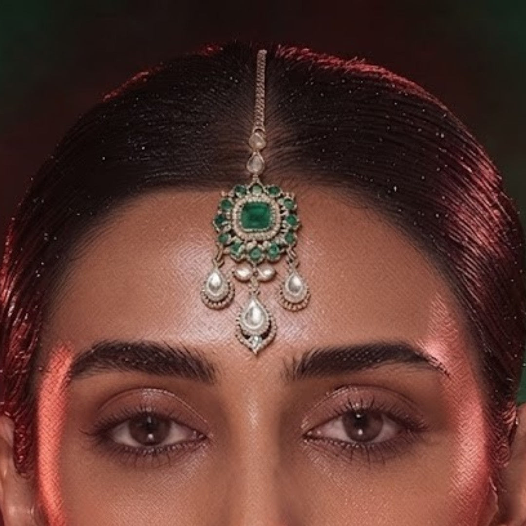 Gold-plated Kundan maang tikka with emerald green stones and teardrop drops, traditional Indian bridal hair jewelry
