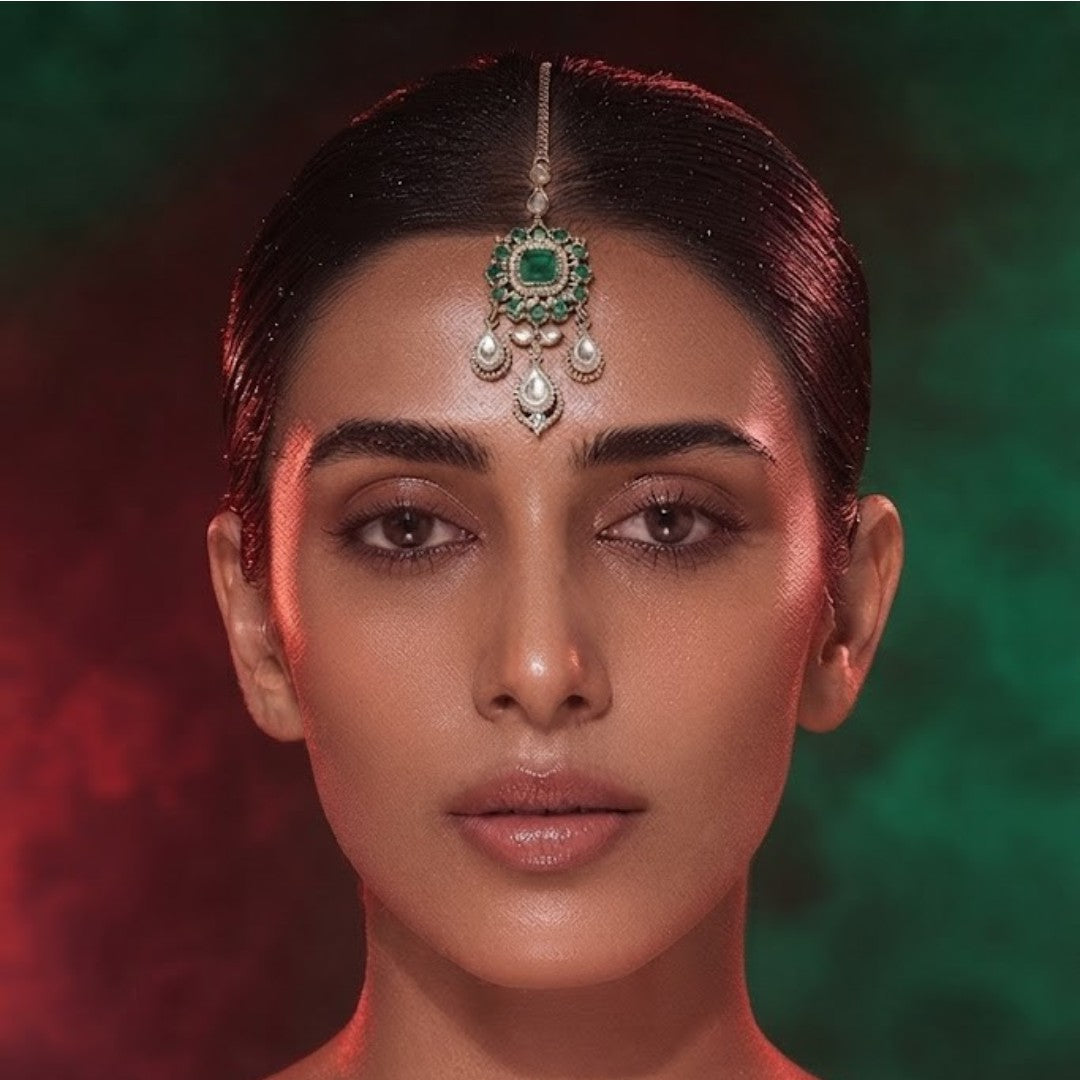 Gold-plated Kundan maang tikka with emerald green stones and teardrop drops, traditional Indian bridal hair jewelry