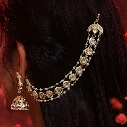 Kundan Pearl Hair Chain with Moon Clasp