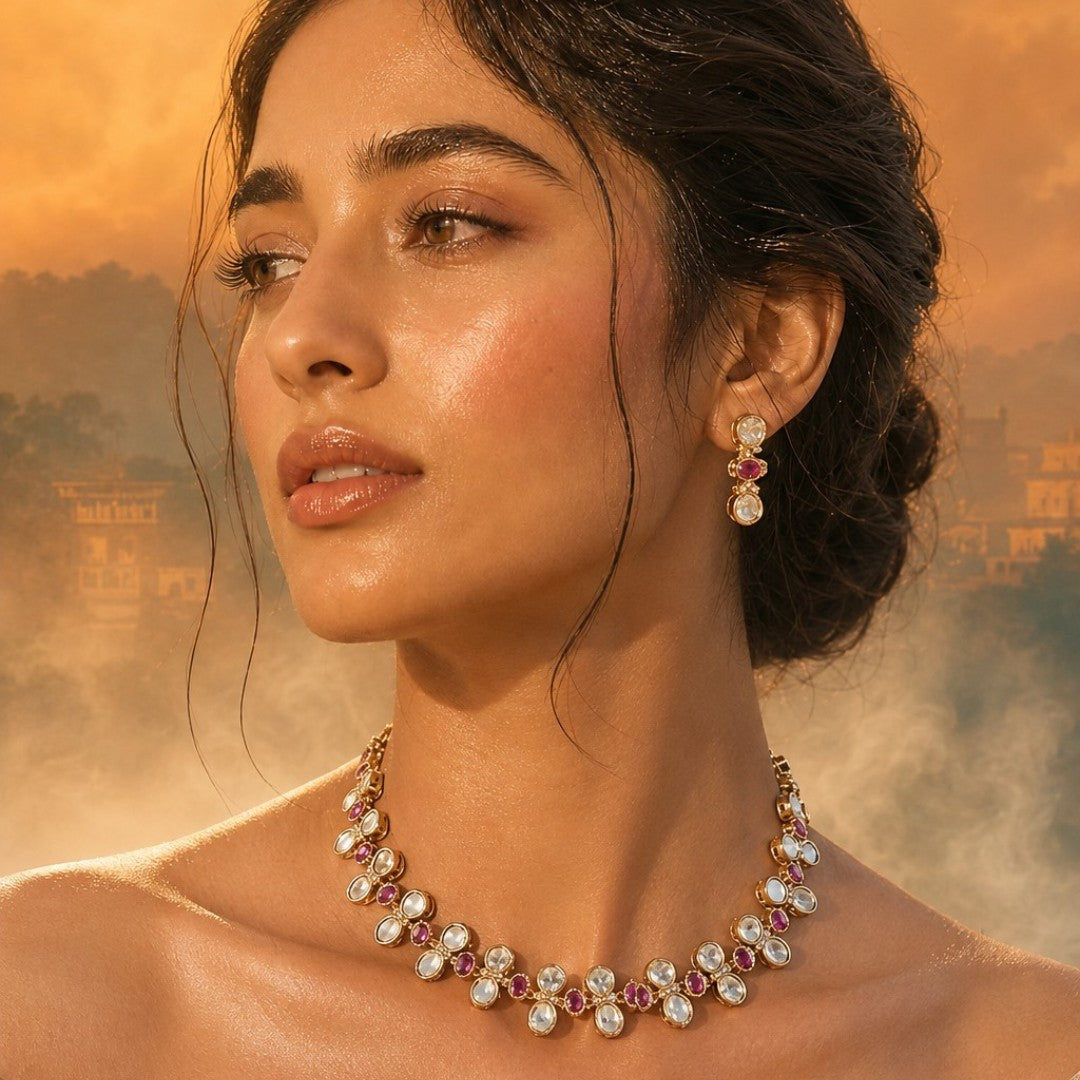 Gold-Plated Kundan Choker Necklace Set with Pink Stones & Matching Earrings for Women Bridal Wedding Jewellery
