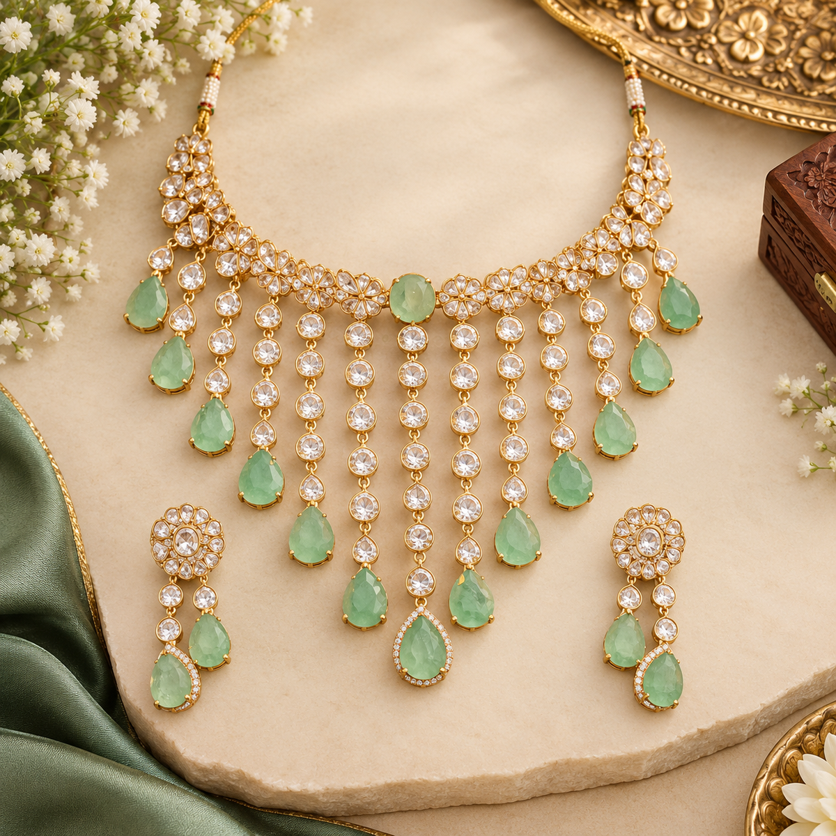 Gold kundan polki choker necklace set with mint green pear drops and matching floral earrings by Auraa Trends