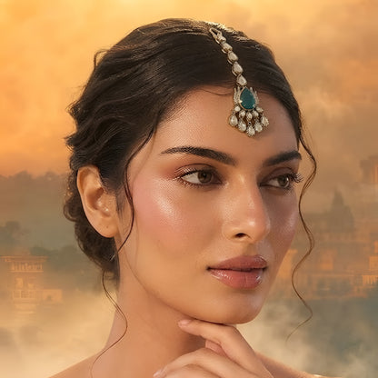 Gold maang tikka with pear-cut emerald green stone and clear kundan crystal chain, Indian bridal hair jewelry on white background
