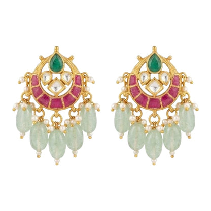 "Gold-plated Kundan Meenakari choker necklace and earring set with pearl and green bead drops, styled bridal jewellery on model"