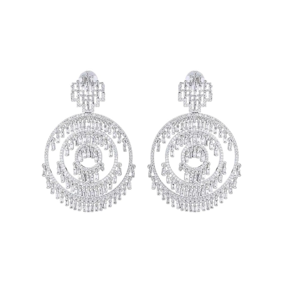 Sparkling crystal concentric circle drop earrings with intricate hanging accents

