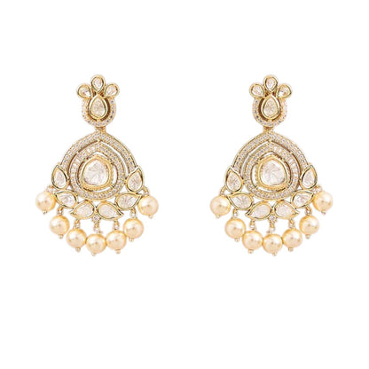 White Kundan necklace set with gold-tone detailing pearl drops and matching earrings