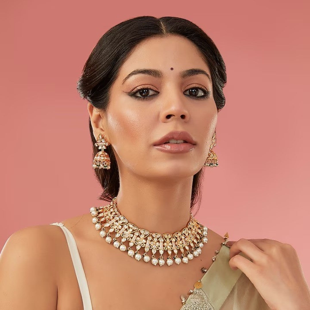 Kundan floral choker necklace set with pearl drops and matching jhumka earrings