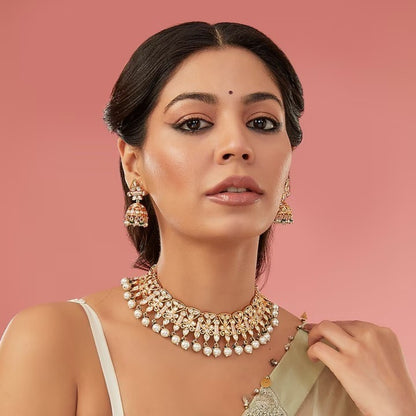 Kundan floral choker necklace set with pearl drops and matching jhumka earrings