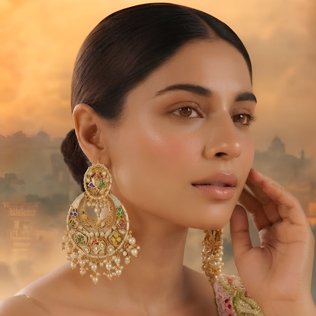 Multicolor meenakari chandbali earrings with pearl drops in antique gold finish for women.