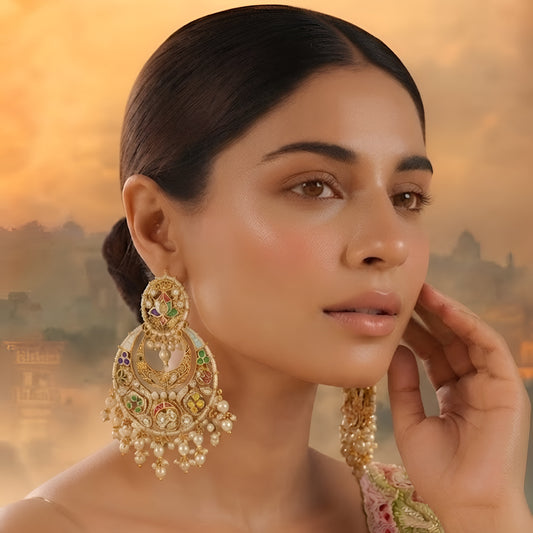 Multicolor meenakari chandbali earrings with pearl drops in antique gold finish for women.