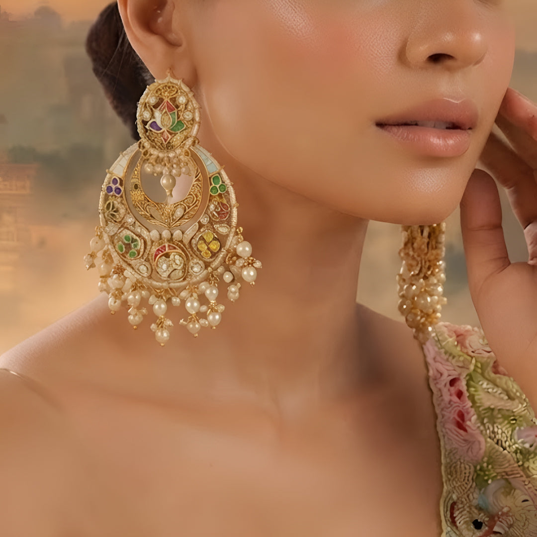 Multicolor meenakari chandbali earrings with pearl drops in antique gold finish for women.