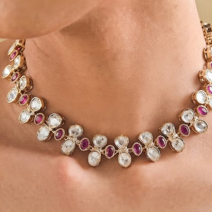 Gold-Plated Kundan Choker Necklace Set with Pink Stones & Matching Earrings for Women Bridal Wedding Jewellery