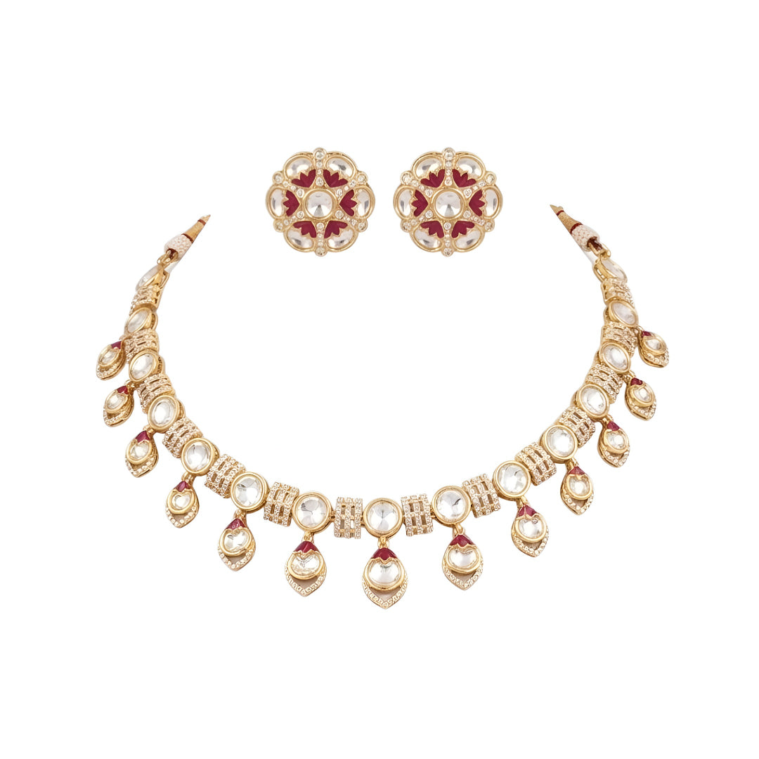 Pink Kundan Necklace Set with Floral Stud Earrings
