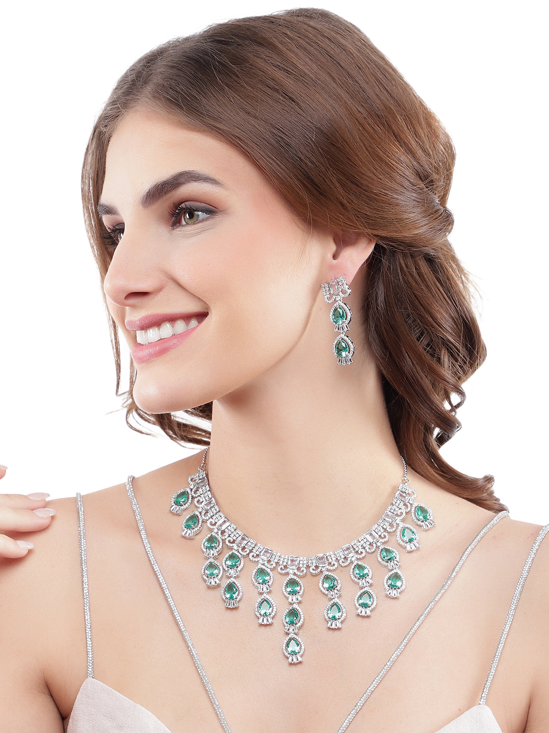 Rhodium Plated Sea Green American Diamond Handcrafted Stone Necklace Set