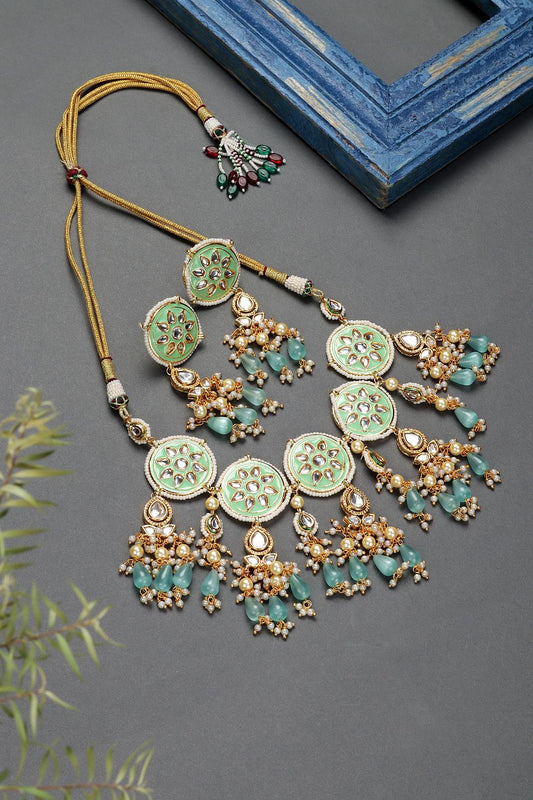 Elegant Gold Plated Mint Green & Blue Kundan Traditional Choker Set