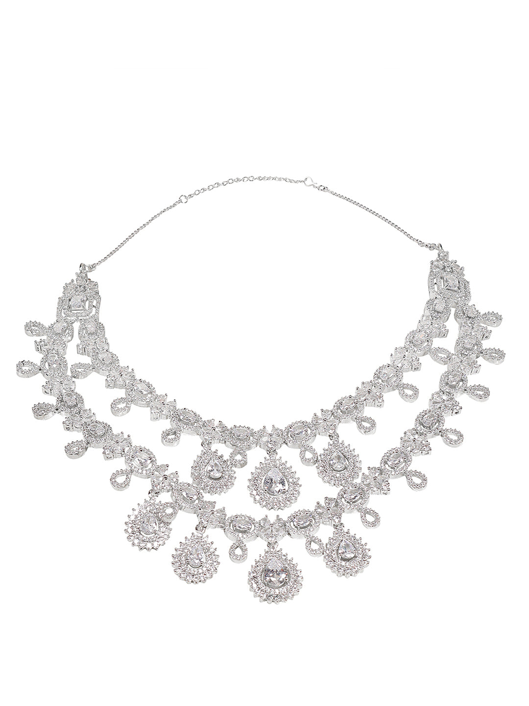 Elegant Rhodium Plated White American Diamond Necklace Set For Women
