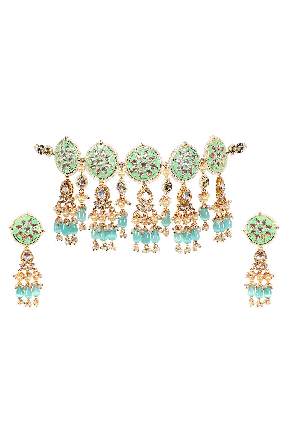 Elegant Gold Plated Mint Green & Blue Kundan Traditional Choker Set