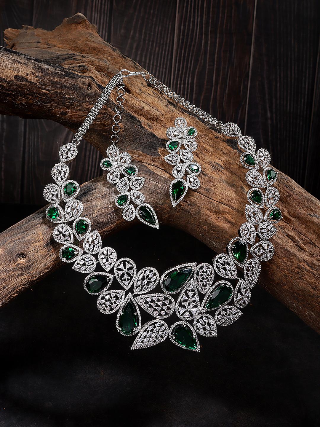 Glamorous Green Rhodium Plated American Diamond Necklace Set For Women