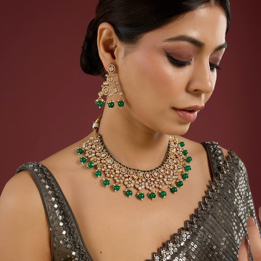 Classic Kundan Necklace Set with Green Beads – Wedding Choker &amp; Long Dangles