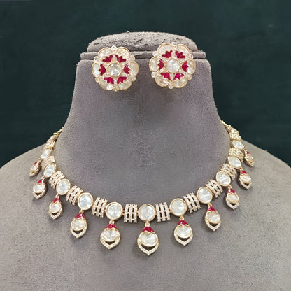 Pink Kundan Necklace Set with Floral Stud Earrings