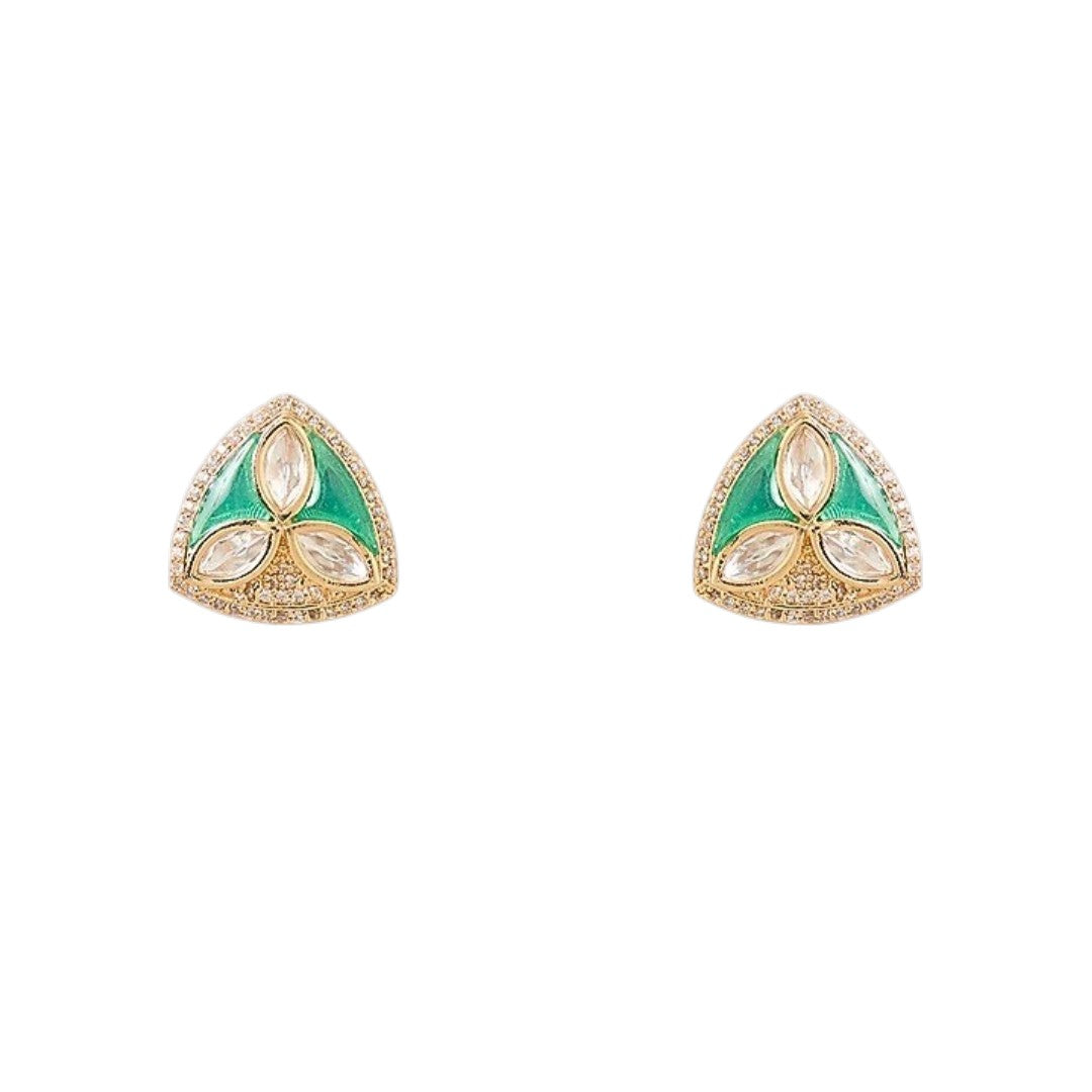"Gold-tone triangular pendant necklace and earring set with green enamel detailing and marquise-cut clear crystal accents, on white background"