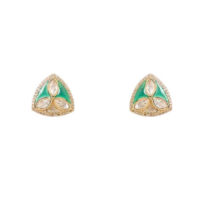 "Gold-tone triangular pendant necklace and earring set with green enamel detailing and marquise-cut clear crystal accents, on white background"
