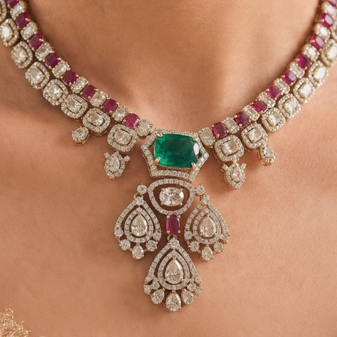 Gold-plated Kundan necklace set with green emerald-look center stone, pink ruby accents and matching American diamond earrings for bridal and wedding wear.