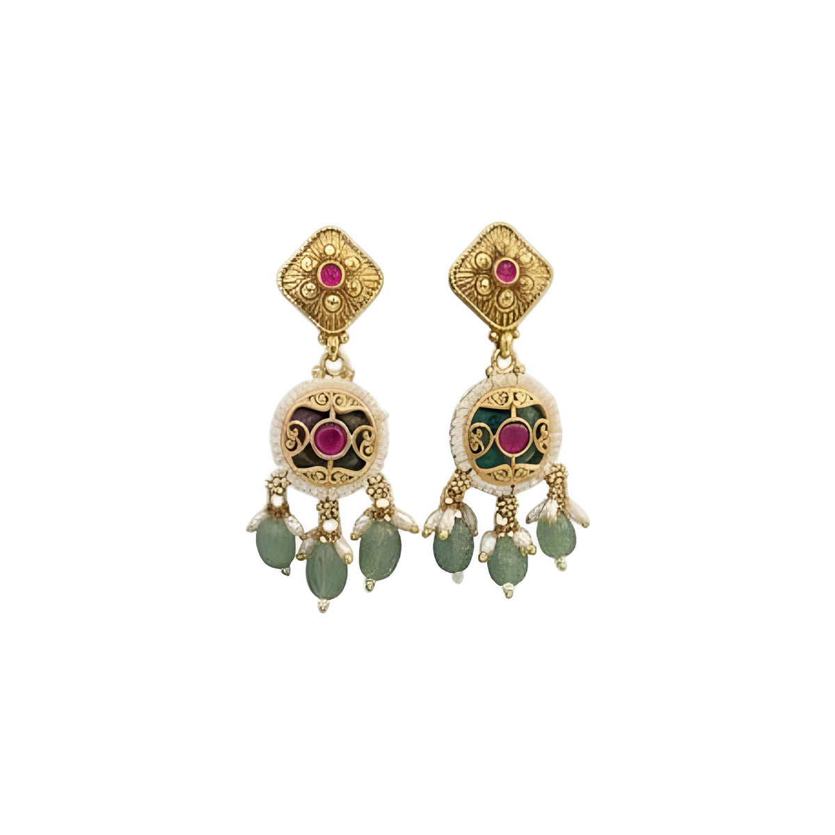 Antique gold plated choker necklace set with ruby pink medallions, mint green bead and pearl drops and matching earrings on a blue bust