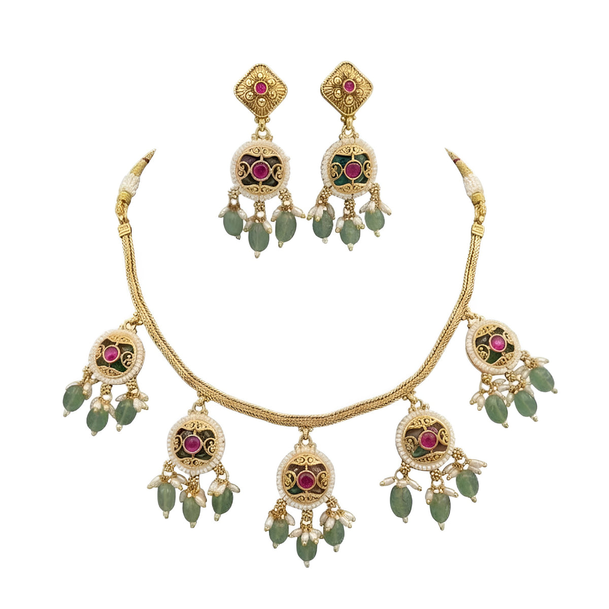 Antique gold plated choker necklace set with ruby pink medallions, mint green bead and pearl drops and matching earrings on a blue bust