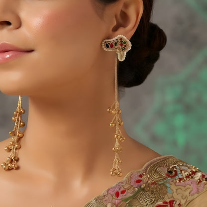 Antique gold kundan floral long earrings with red and green stone accents and layered ghungroo bead drops