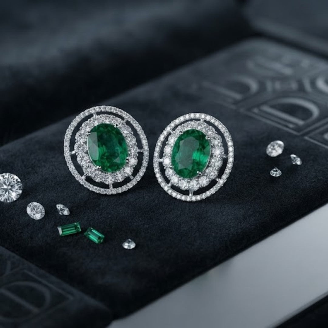 Oval Emerald Green Double Halo Stud Earrings