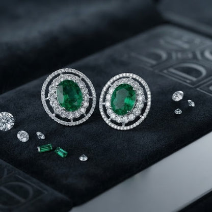 Oval Emerald Green Double Halo Stud Earrings