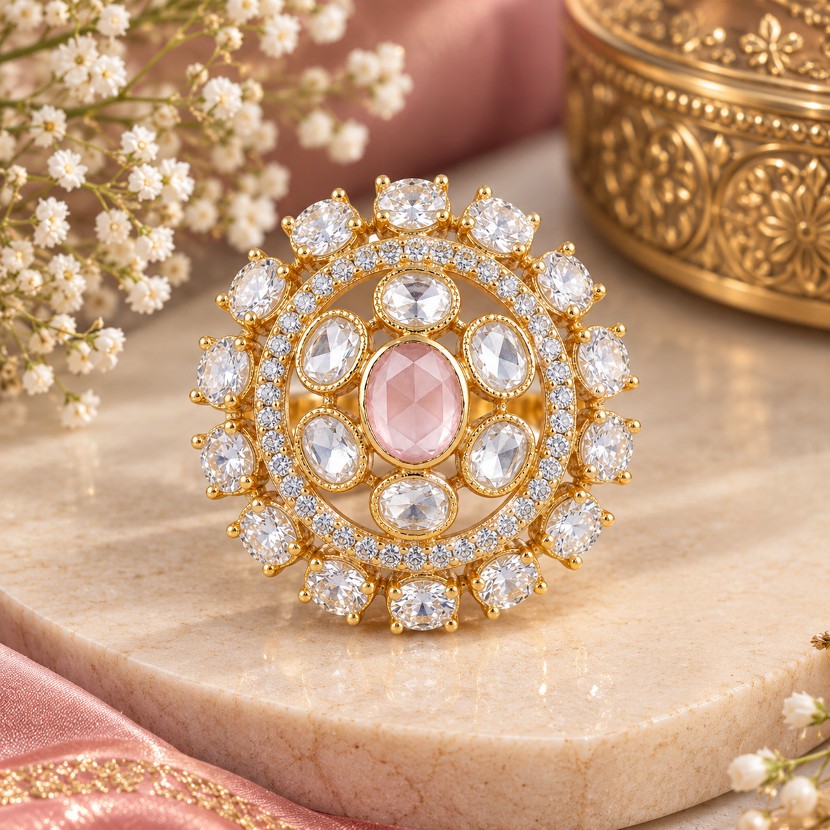 Gold-finish round cocktail ring with a blush-pink oval centre stone, clear oval stones, and American diamond halo