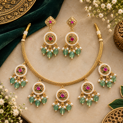 Antique gold plated necklace set with round ruby pink medallions, pastel green bead and pearl drops and matching earrings on a blue bust