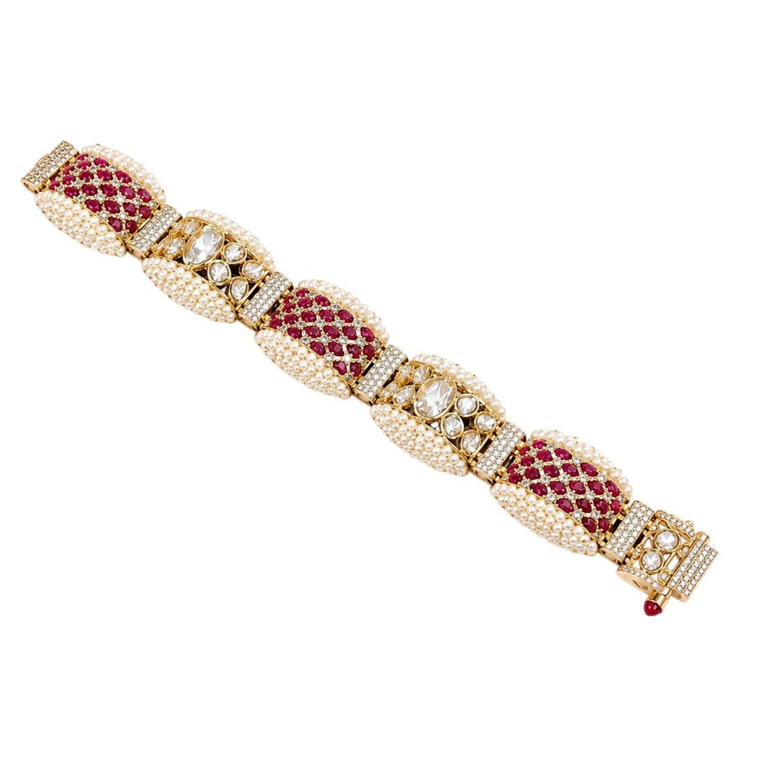 Kundan Pearl & Ruby Studded Gold-Plated Bracelet | Handcrafted Indian Bridal Jewelry