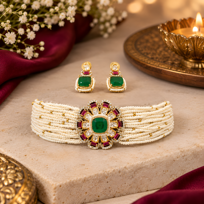 Kundan Pearl Choker Set with Green Stone Earrings